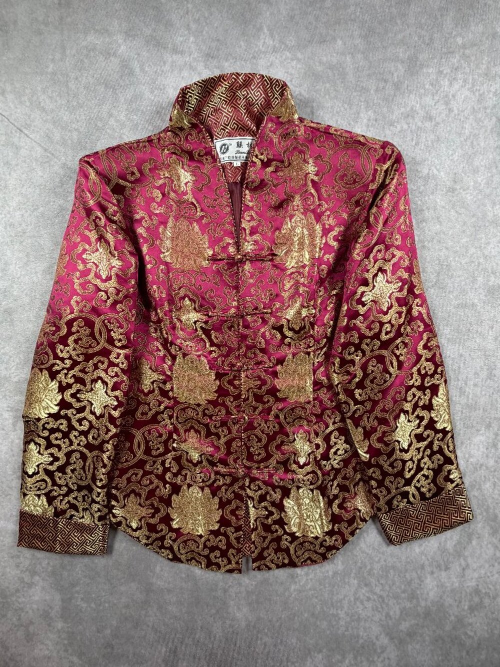 Lian Lin Womens Large Jacket Maroon Gold Brocade Frog Mandarin Collar Chinese